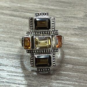 Nicky Butler SS Smokey Quartz, Citrine, Honey Topaz Multi Gemstone Art Deco Ring